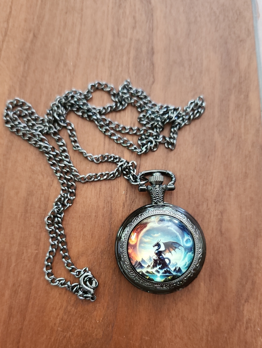 Silver Dragon Pocket Watch Necklace - Fantasy Artwork